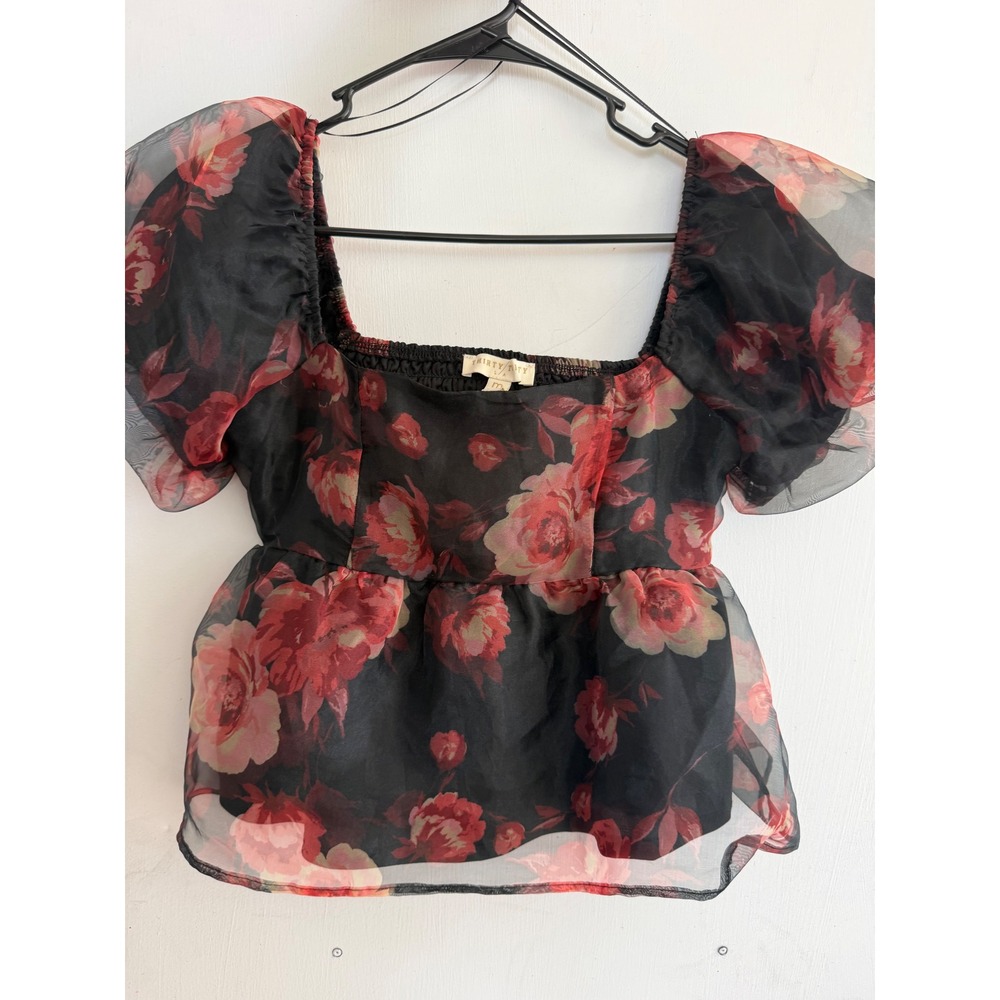 Thirty/TH L.A. Floral Organza Puff Sleeve Peplum Top Black Red Smocked Back M